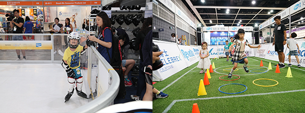 （左图）参展商香港冰球训练学校于展场内铺展了约36平方米的仿真冰地，让参展人士体验冰上运动的乐趣。（右图）另一参展商辉瑞药厂于场内设置小型足球场，并举办足球教室和一对一儿童足球比赛，宣扬运动健康。