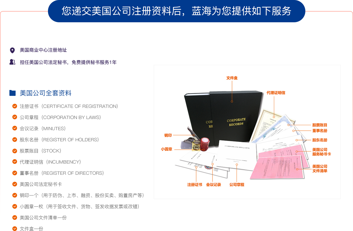 您递交美国公司注册资料后,蓝海为您提供如下服务