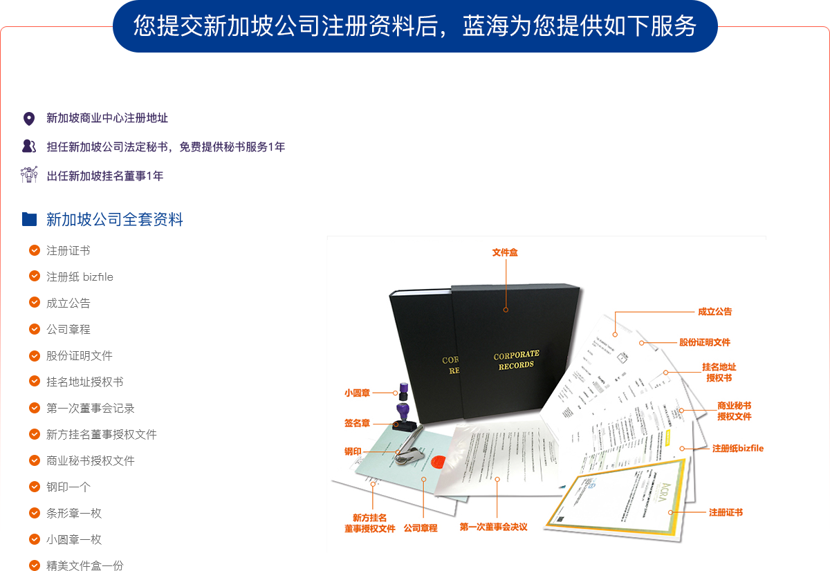 您提交新加坡公司注册资料后，蓝海为您提供如下服务